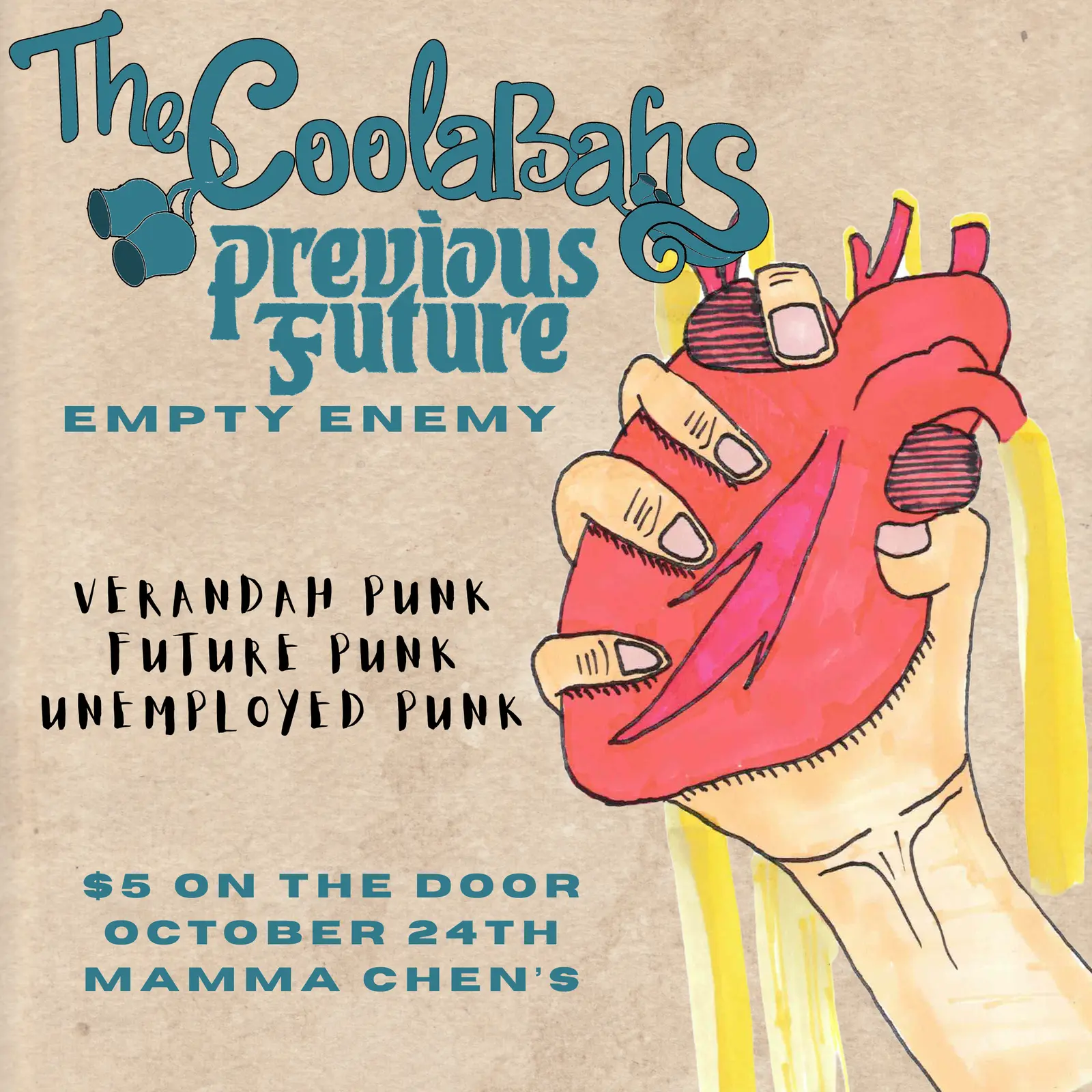 Poster for THE COOLABAHS // PREVIOUS FUTURE // EMPTY ENEMY at Mamma Chen's, Sat 24 Oct