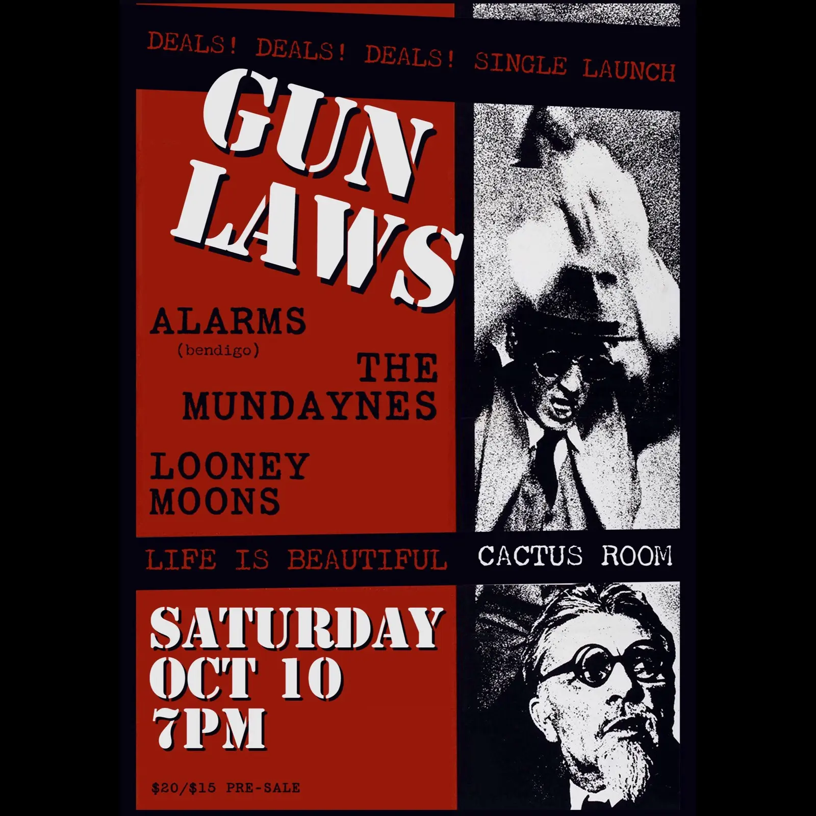 Poster for Gun Laws - 'Deals! Deals! Deals!' Single Launch at Cactus Room, Sat 10 Oct