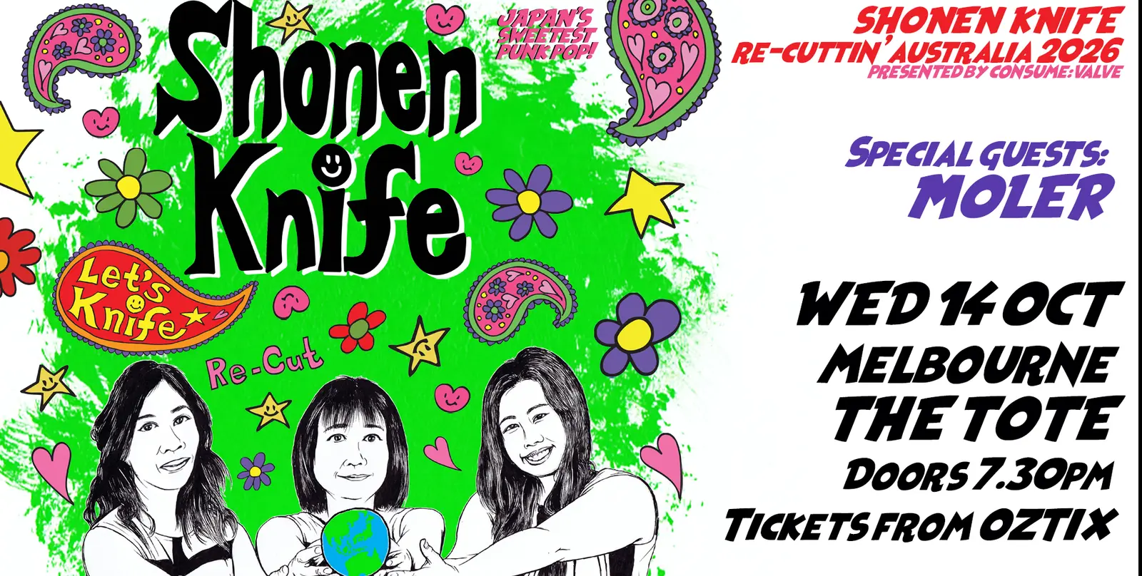 Poster for SHONEN KNIFE re-cuttin’ Australia/NZ 2026 at The Tote, Wed 14 Oct