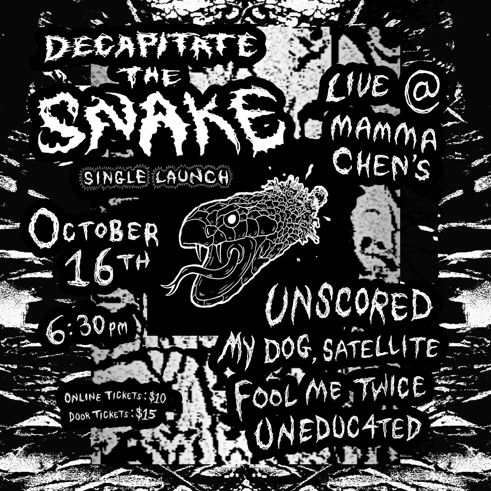 Poster for UNSCORED - 'DECAPITATE THE SNAKE' SINGLE LAUNCH at Mamma Chen's, Fri 16 Oct